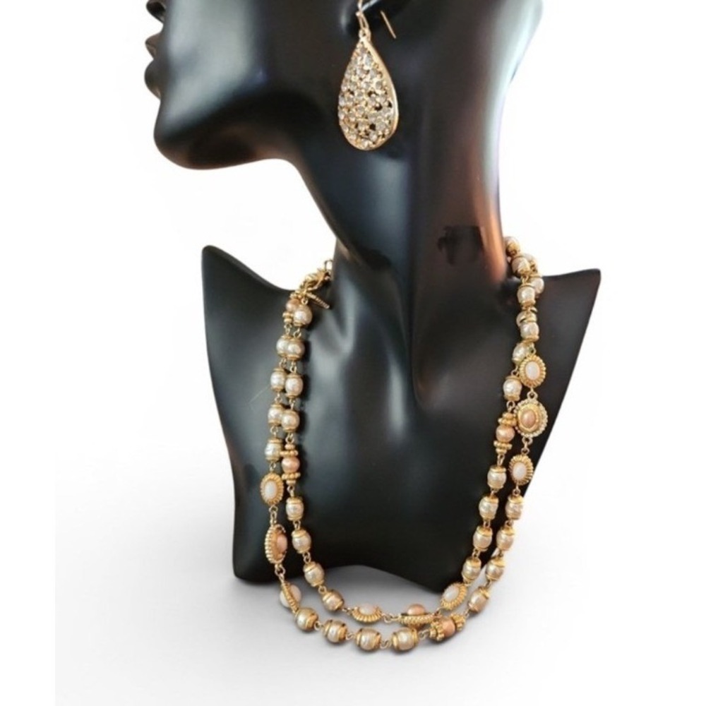 Vintage Necklace St John Couture Gold Faux Pearl Station Runway Rhinest Earrings